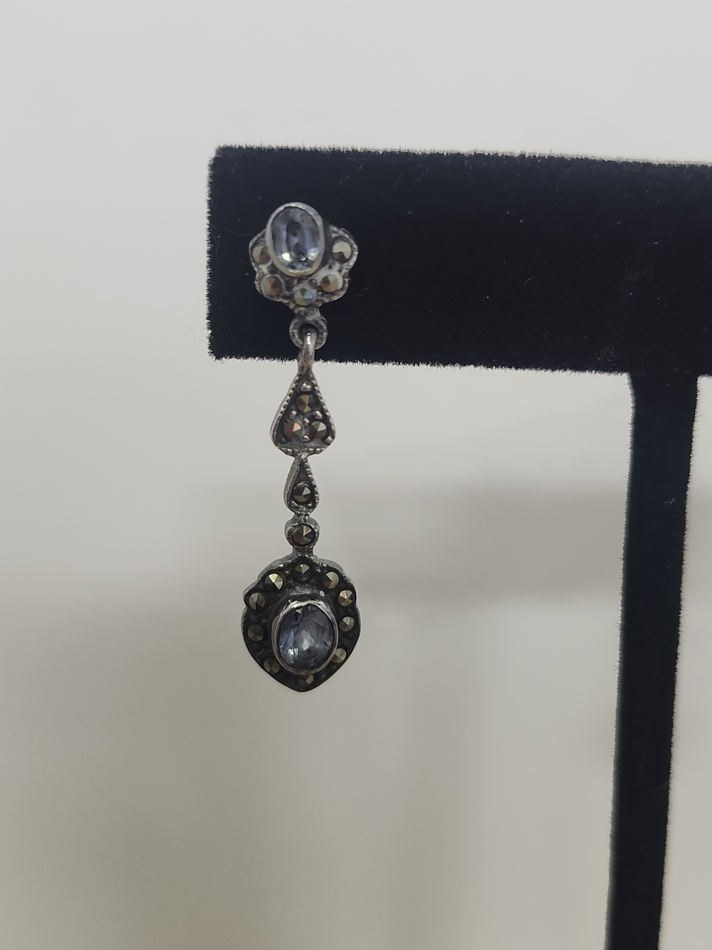 Sterling Silver Vintage-Style Marcasite Blue Stone Drop Earrings Pierced
